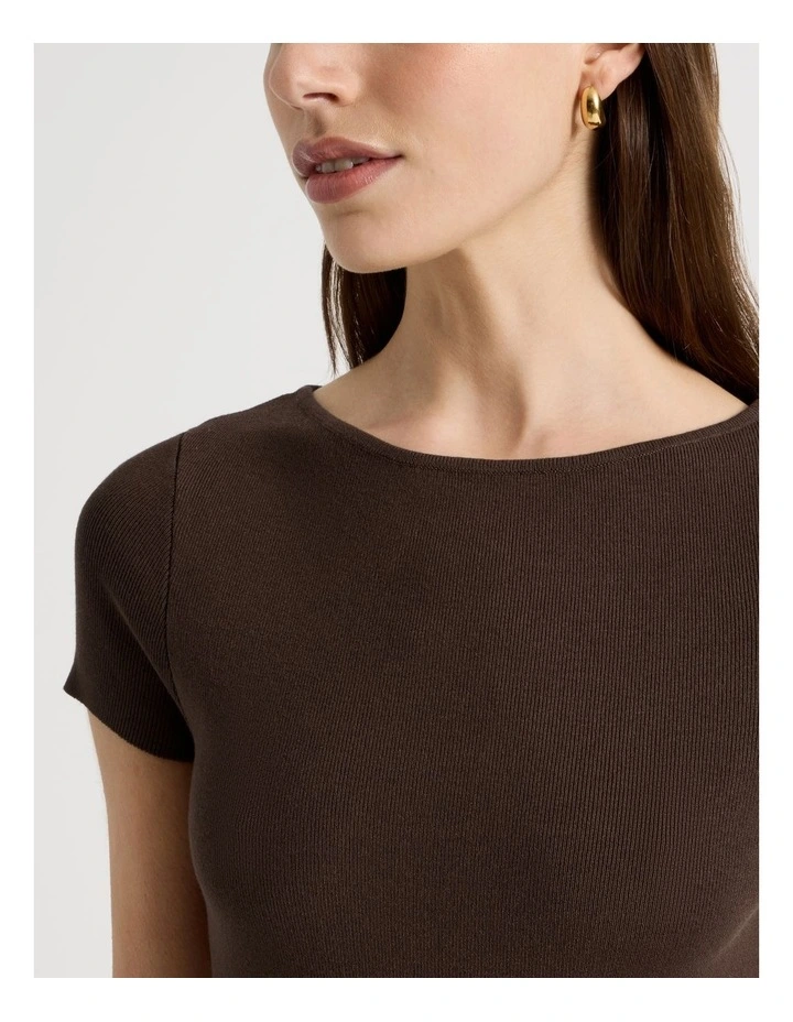 Boat Neck Short Sleeve Knit Top in Brown image 3