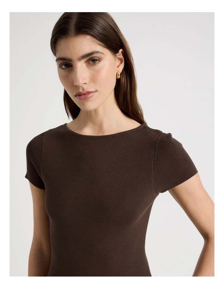 Boat Neck Short Sleeve Knit Top in Brown image 4