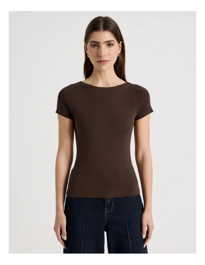 Boat Neck Short Sleeve Knit Top in Brown image 5