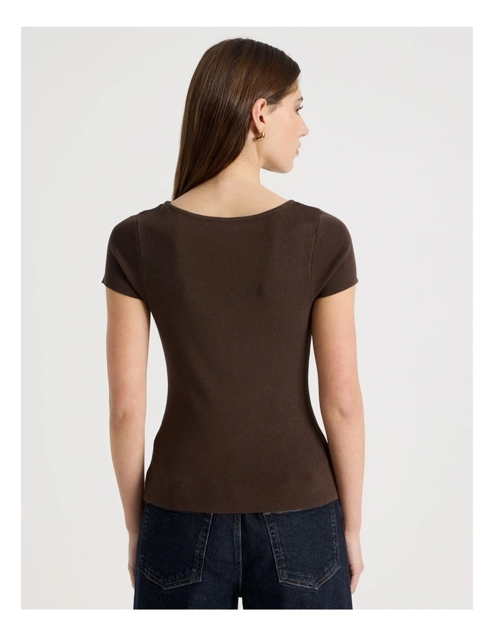 Boat Neck Short Sleeve Knit Top in Brown image 6