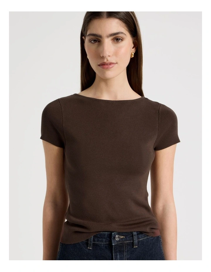 Boat Neck Short Sleeve Knit Top in Brown image 7