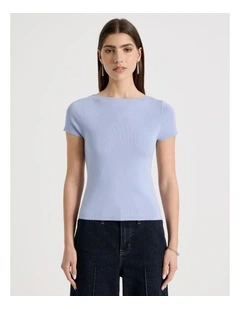 Boat Neck Short Sleeve Knit Top in Cornflower