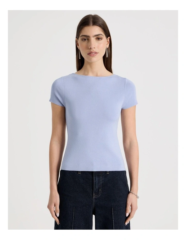Boat Neck Short Sleeve Knit Top in Cornflower image 1