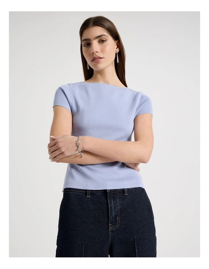 Boat Neck Short Sleeve Knit Top in Cornflower image 2
