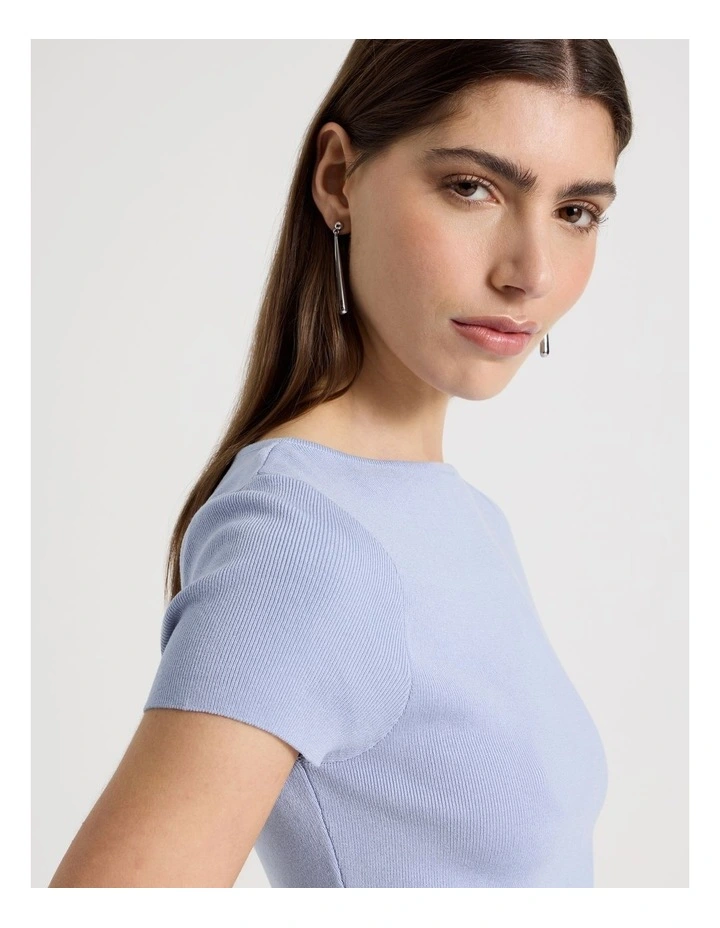 Boat Neck Short Sleeve Knit Top in Cornflower image 3