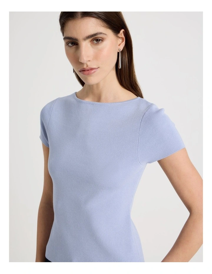 Boat Neck Short Sleeve Knit Top in Cornflower image 5