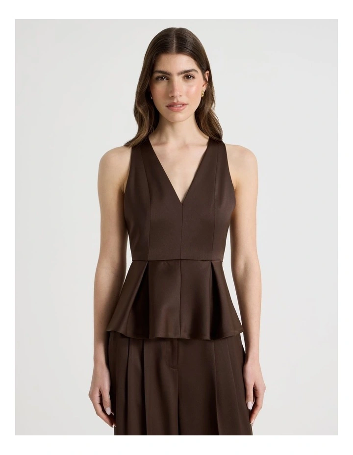 Satin Peplum Top in Brown image 2
