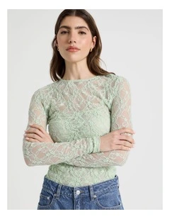 Layered Lace Long Sleeve Top in Mint