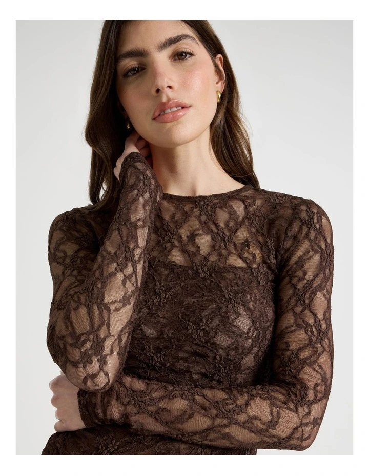 Layered Lace Long Sleeve Top in Brown image 2