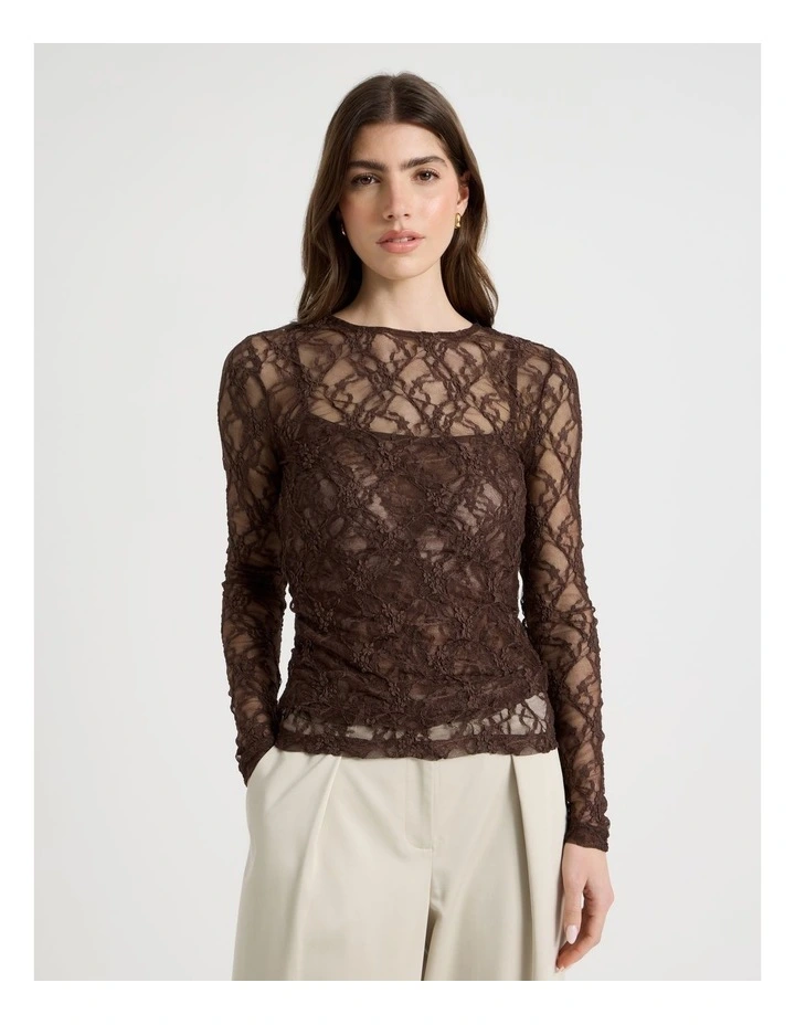 Layered Lace Long Sleeve Top in Brown image 5