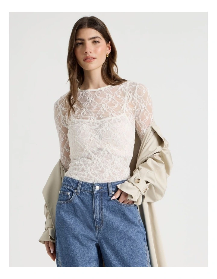 Layered Lace Long Sleeve Top in Ivory image 1