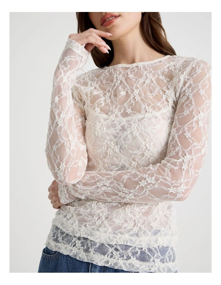 Layered Lace Long Sleeve Top in Ivory image 3