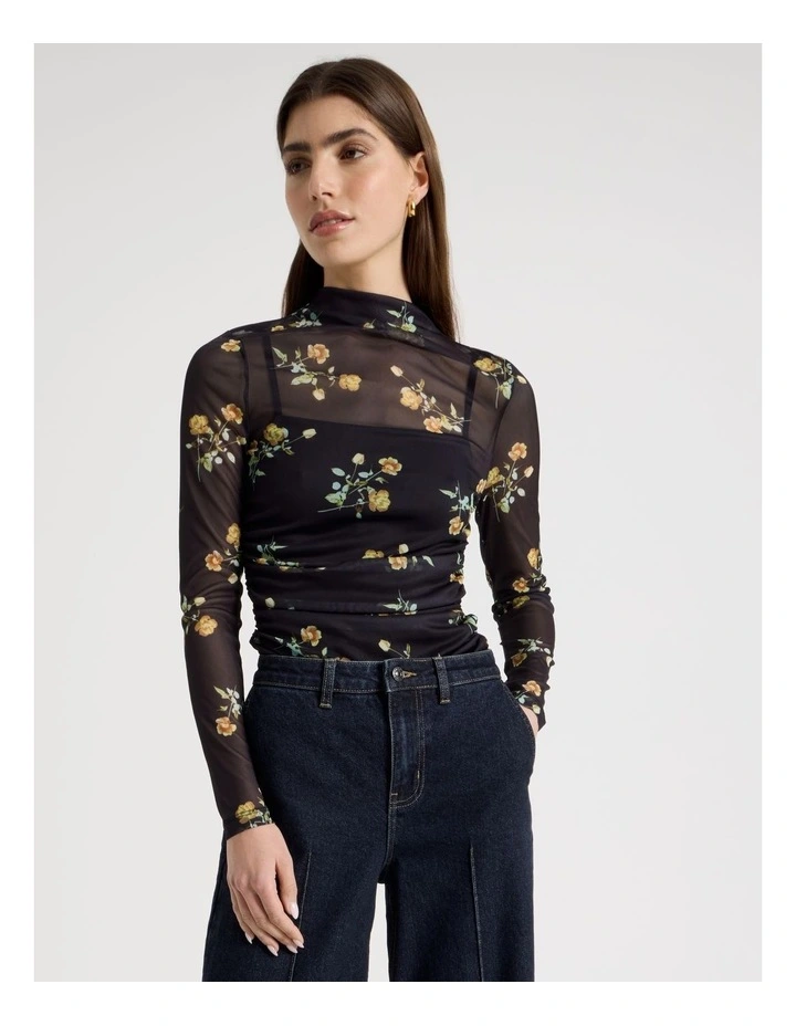 Mesh Long Sleeve Top in Black image 4