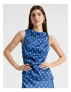 Satin High Neck Asymmetrical Top in Blue Spot Print
