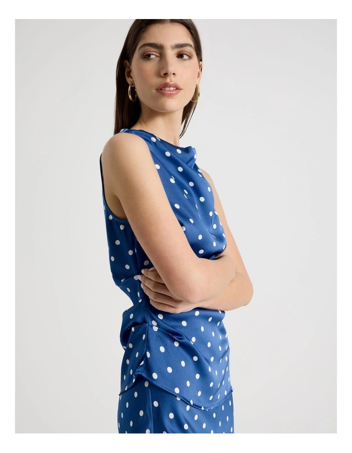 Satin High Neck Asymmetrical Top in Blue Spot Print image 3