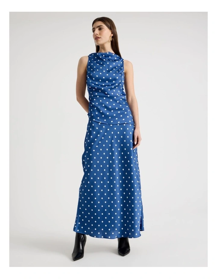 Satin High Neck Asymmetrical Top in Blue Spot Print image 5
