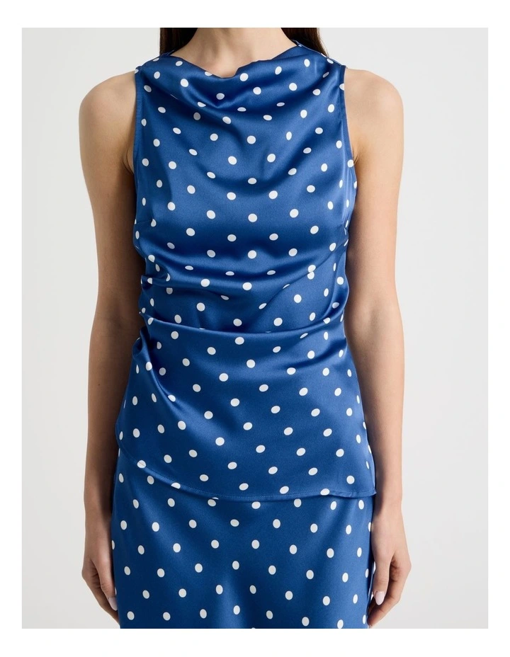 Satin High Neck Asymmetrical Top in Blue Spot Print image 6