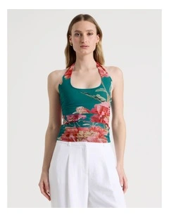 Mesh Halter Top in Teal Botanical Print