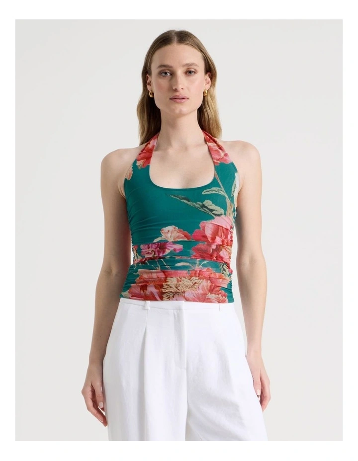 Mesh Halter Top in Teal Botanical Print image 1