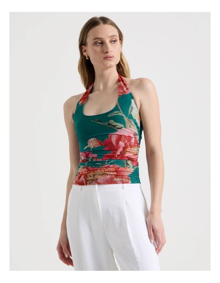 Mesh Halter Top in Teal Botanical Print image 3