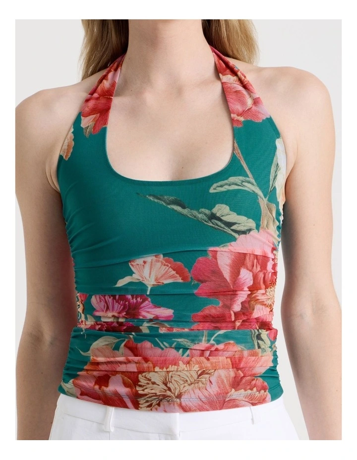 Mesh Halter Top in Teal Botanical Print image 4