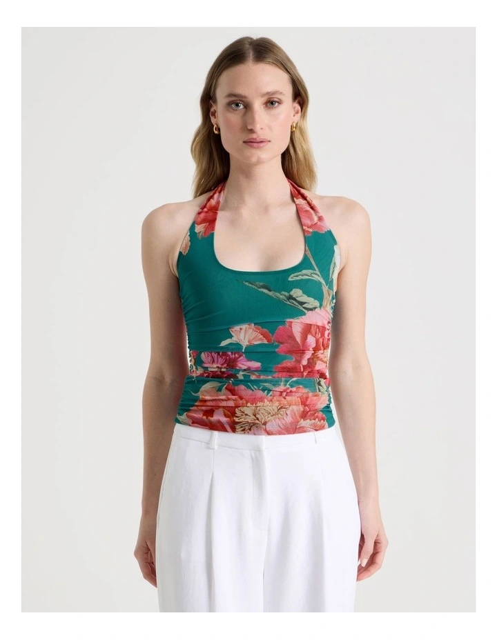 Mesh Halter Top in Teal Botanical Print image 5