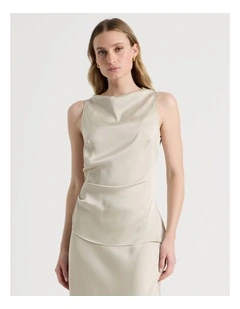High Neck Asymmetrical Hem Top in Stone