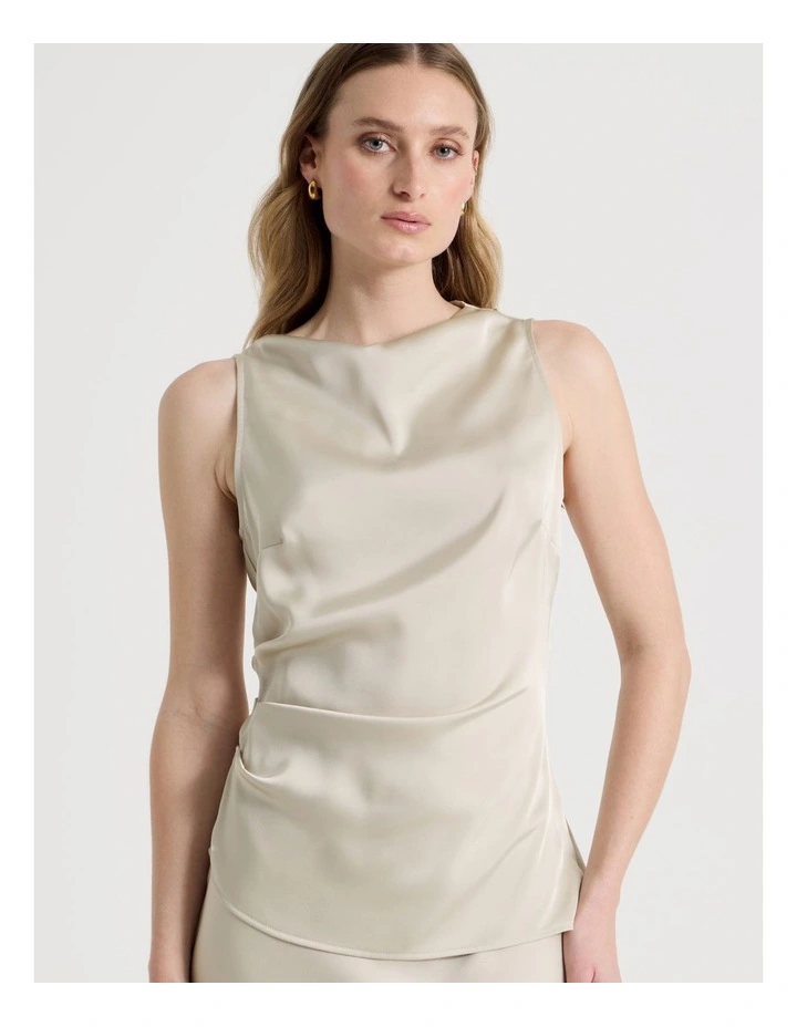 High Neck Asymmetrical Hem Top in Stone image 2