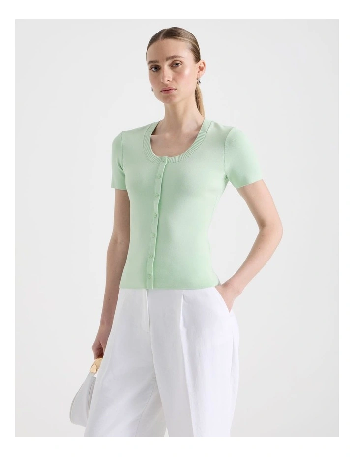 Scoop Neck Button Down Knit Top in Mint image 3