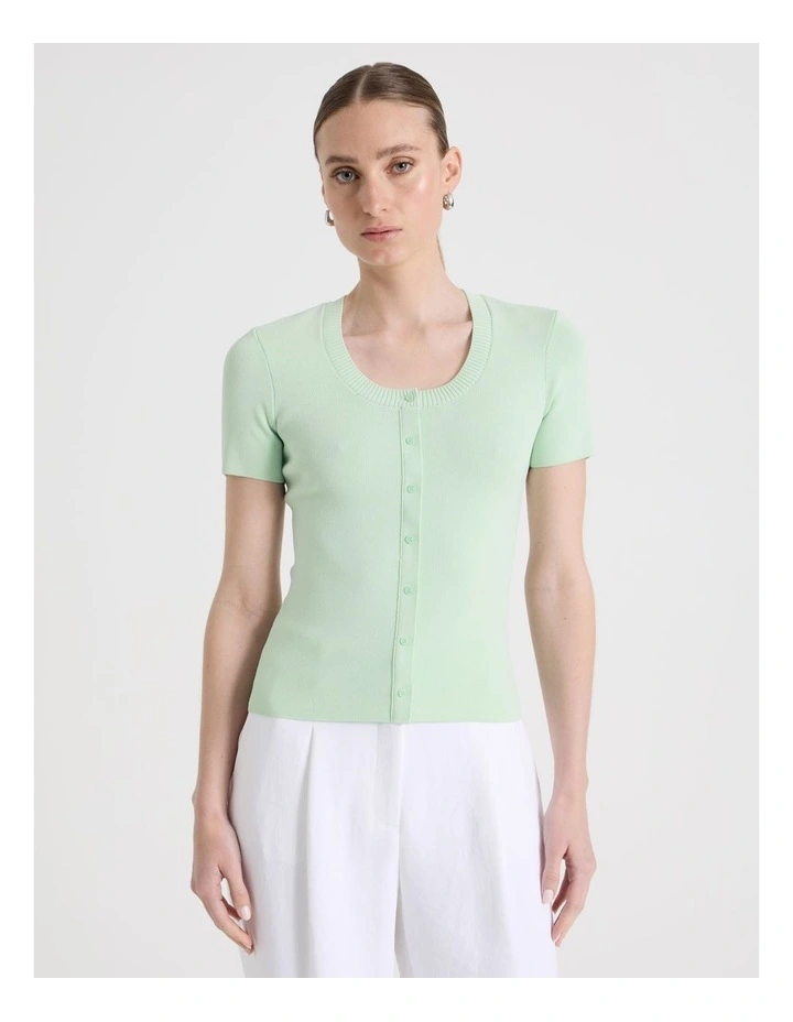 Scoop Neck Button Down Knit Top in Mint image 5