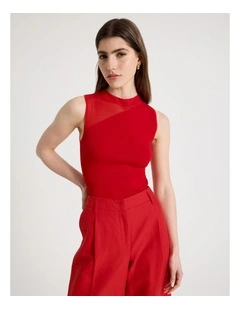 Sheer Detail Knit Top in Red