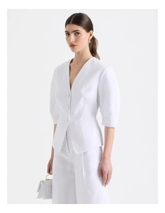 Cotton Linen Blend Collarless Oviod Sleeve Top in White