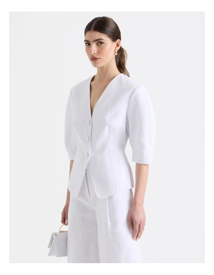 Cotton Linen Blend Collarless Oviod Sleeve Top in White image 1