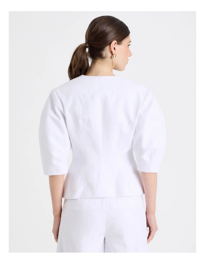Cotton Linen Blend Collarless Oviod Sleeve Top in White image 6