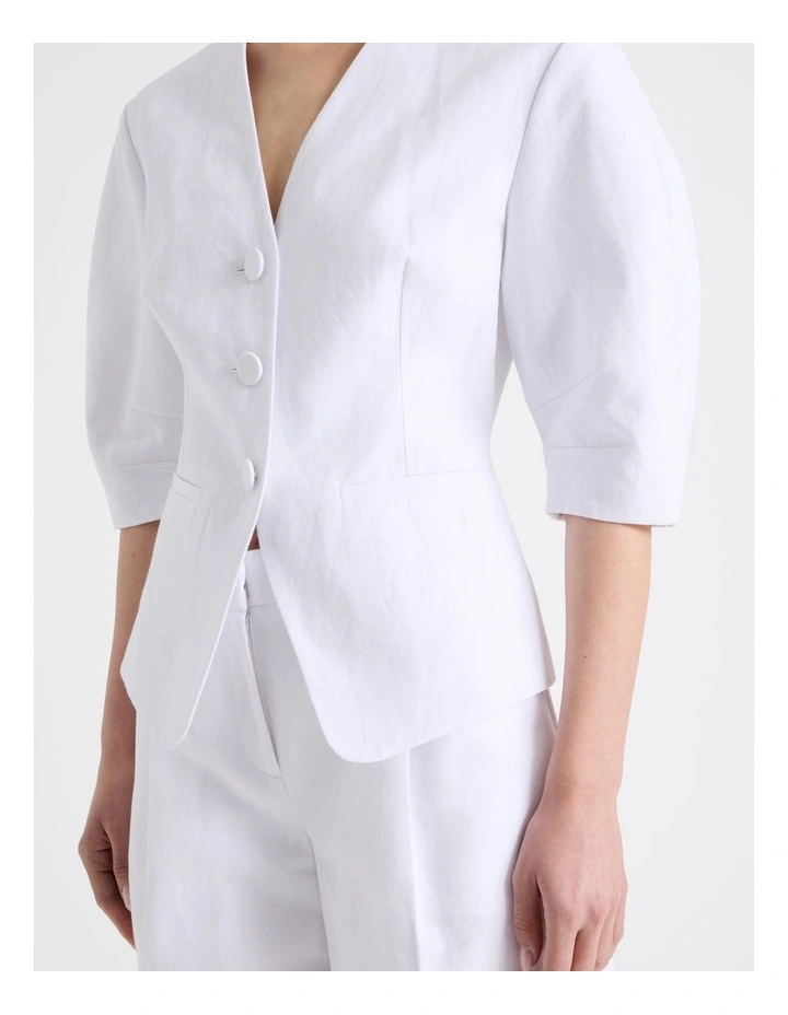Cotton Linen Blend Collarless Oviod Sleeve Top in White image 7
