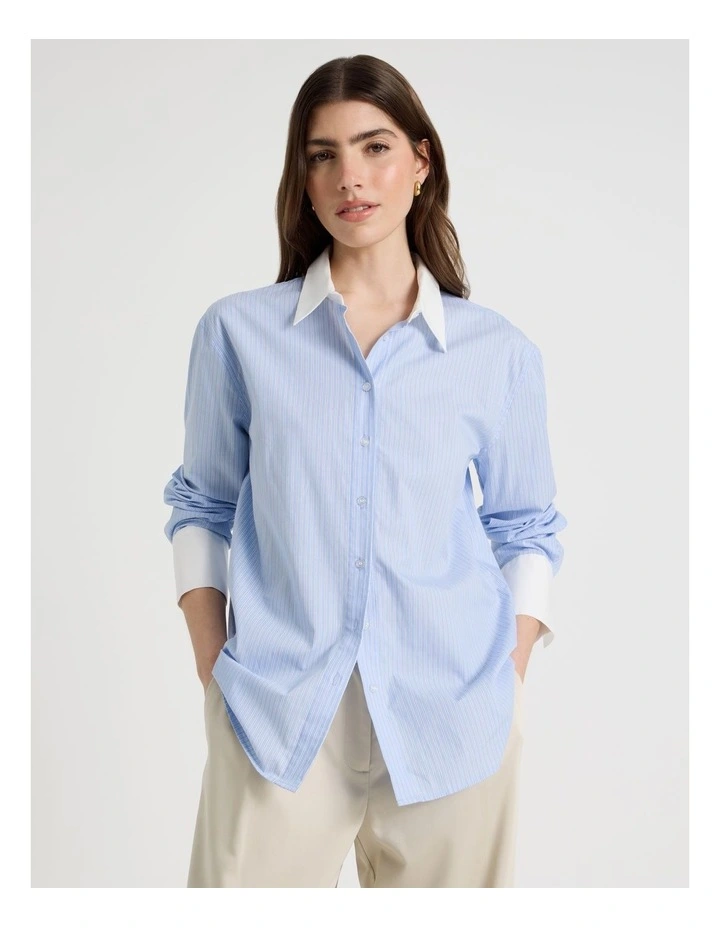 Contrast Detail Striped Shirt in Blue image 3
