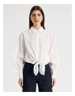 Tie Front Blouson Sleeve Shirt in White