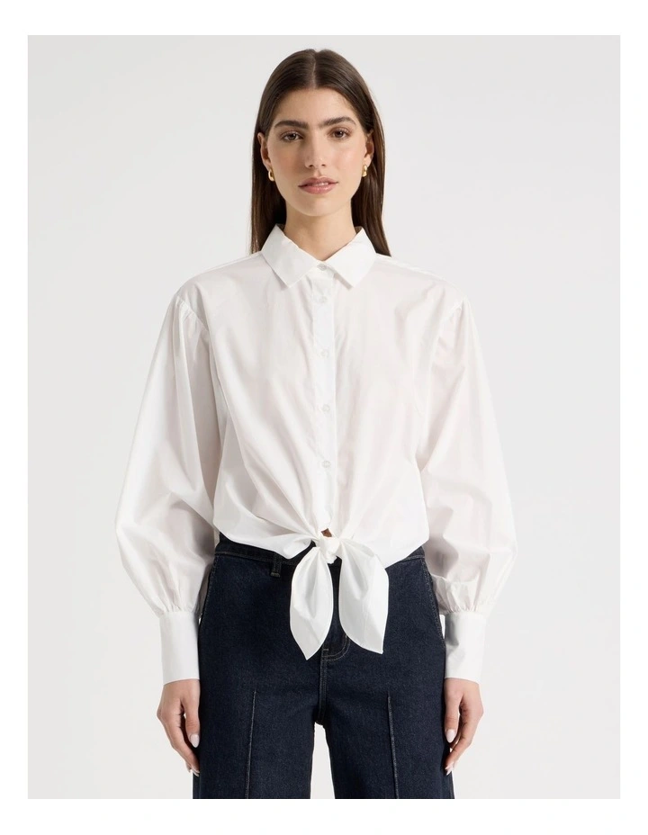 Tie Front Blouson Sleeve Shirt in White image 1