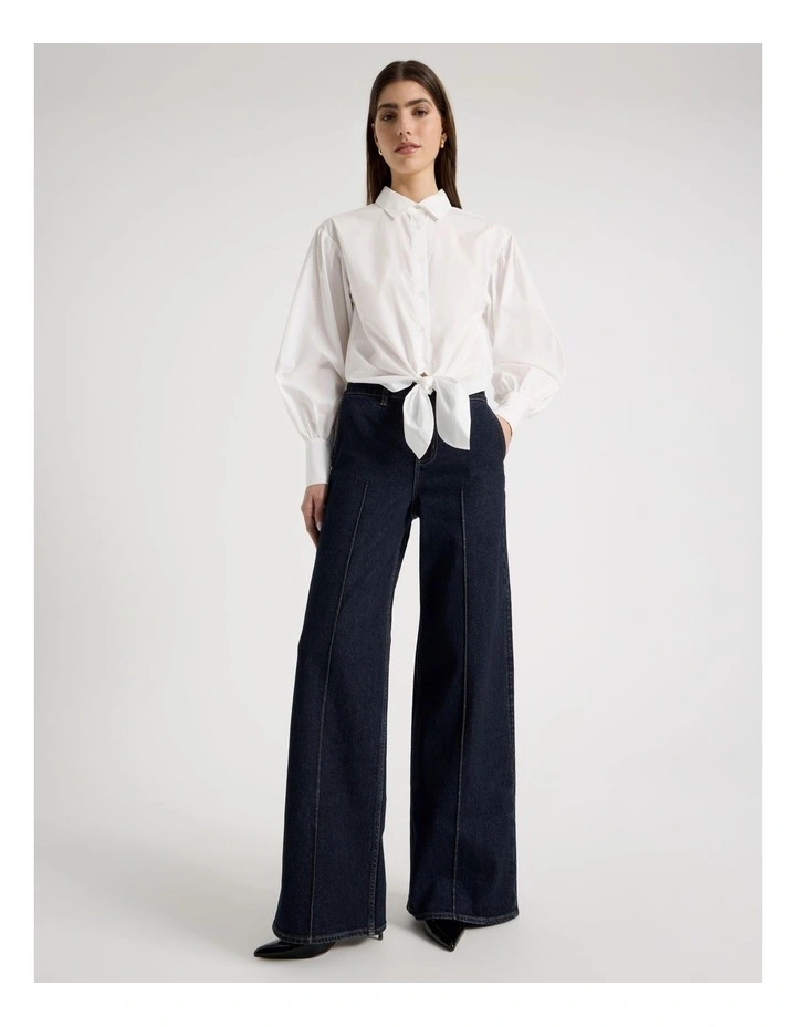 Tie Front Blouson Sleeve Shirt in White image 2