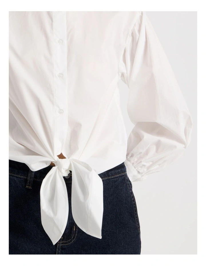 Tie Front Blouson Sleeve Shirt in White image 3