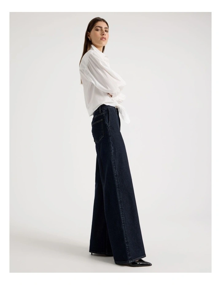 Tie Front Blouson Sleeve Shirt in White image 4