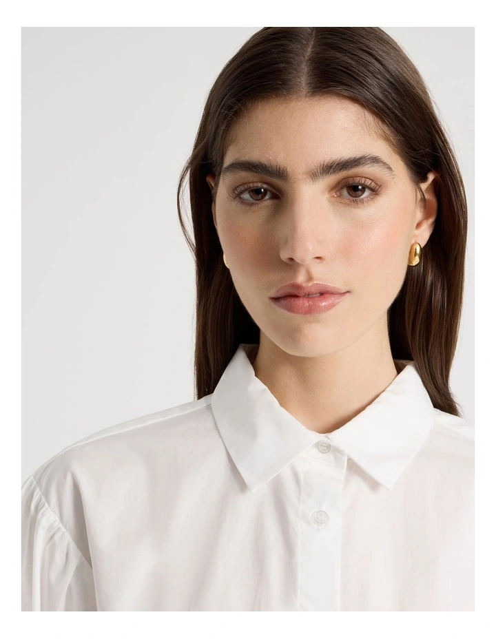 Tie Front Blouson Sleeve Shirt in White image 5