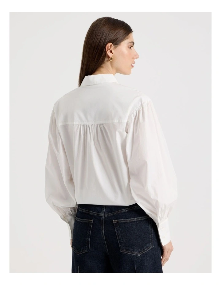 Tie Front Blouson Sleeve Shirt in White image 6