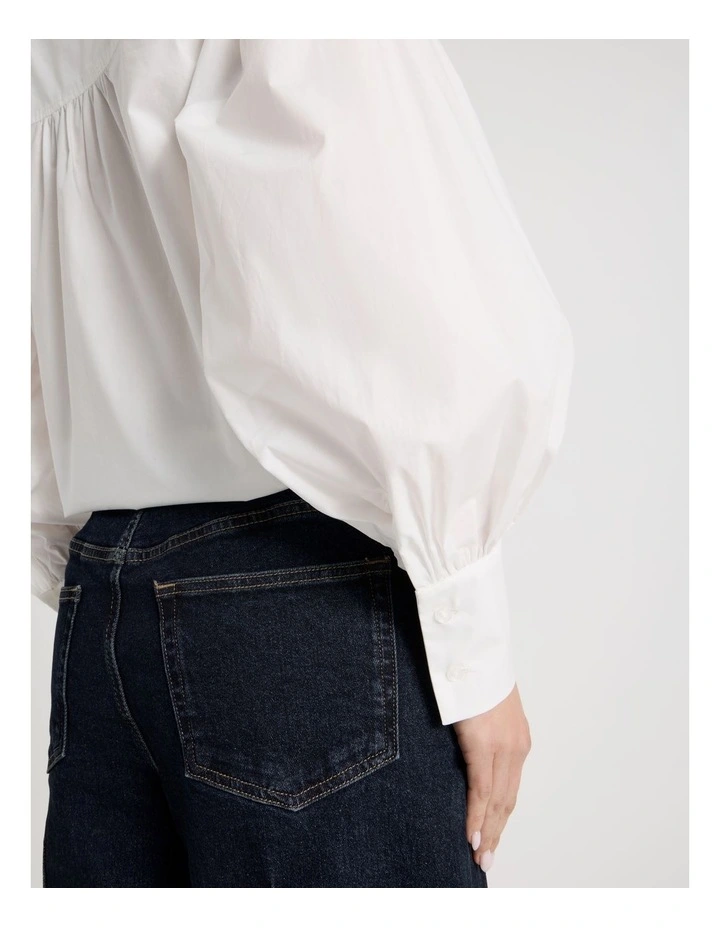 Tie Front Blouson Sleeve Shirt in White image 7