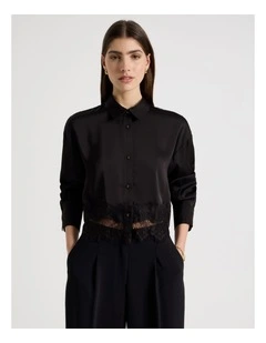 Satin Lace Trim Cropped Shirt in Black