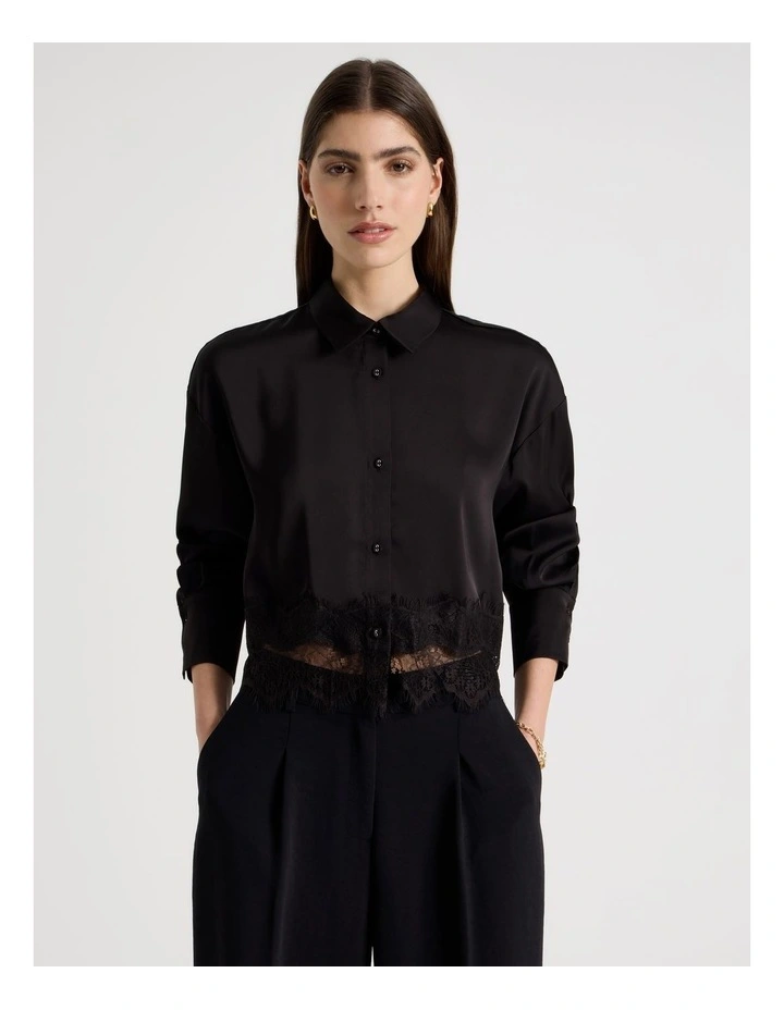 Satin Lace Trim Cropped Shirt in Black image 1