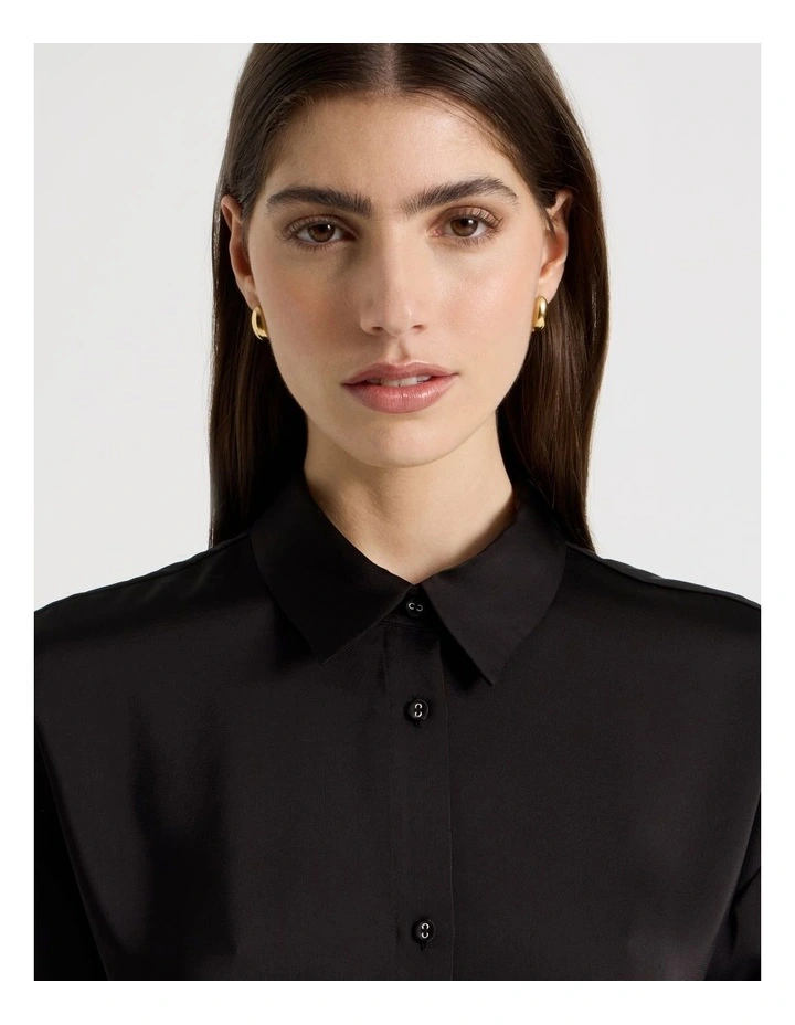 Satin Lace Trim Cropped Shirt in Black image 2