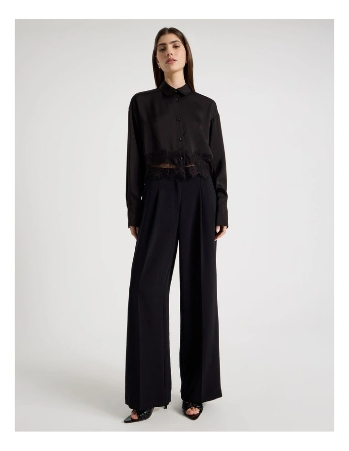 Satin Lace Trim Cropped Shirt in Black image 3