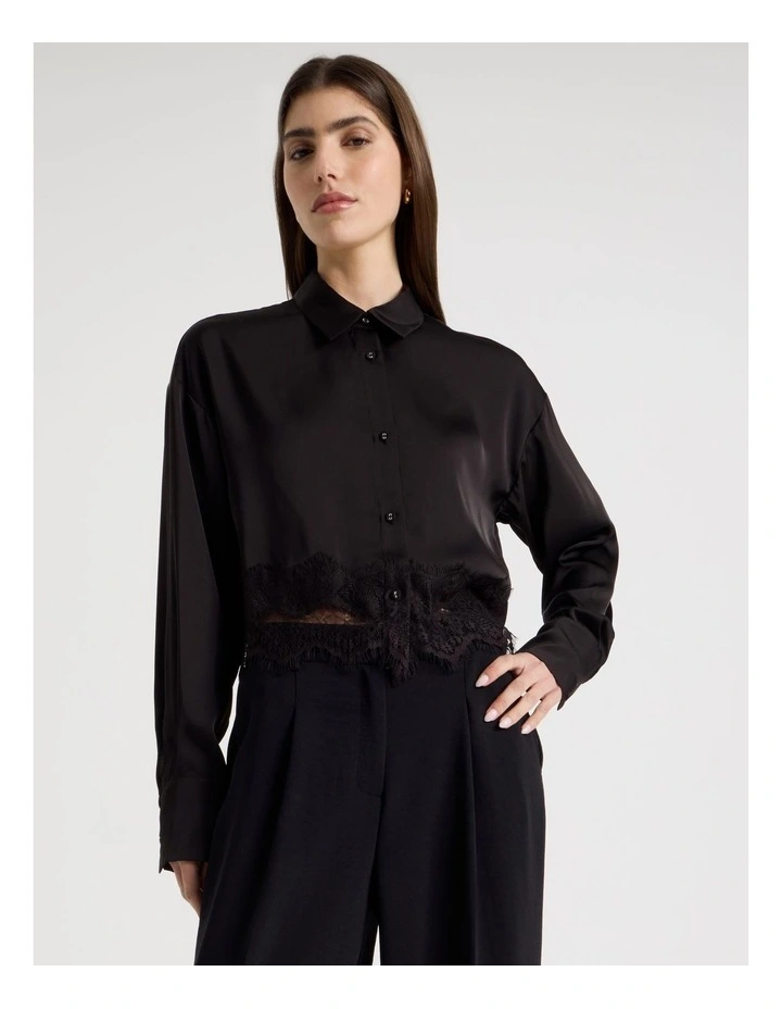 Satin Lace Trim Cropped Shirt in Black image 4
