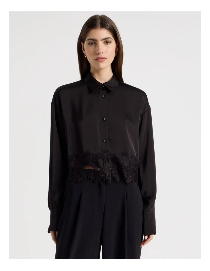 Satin Lace Trim Cropped Shirt in Black image 5